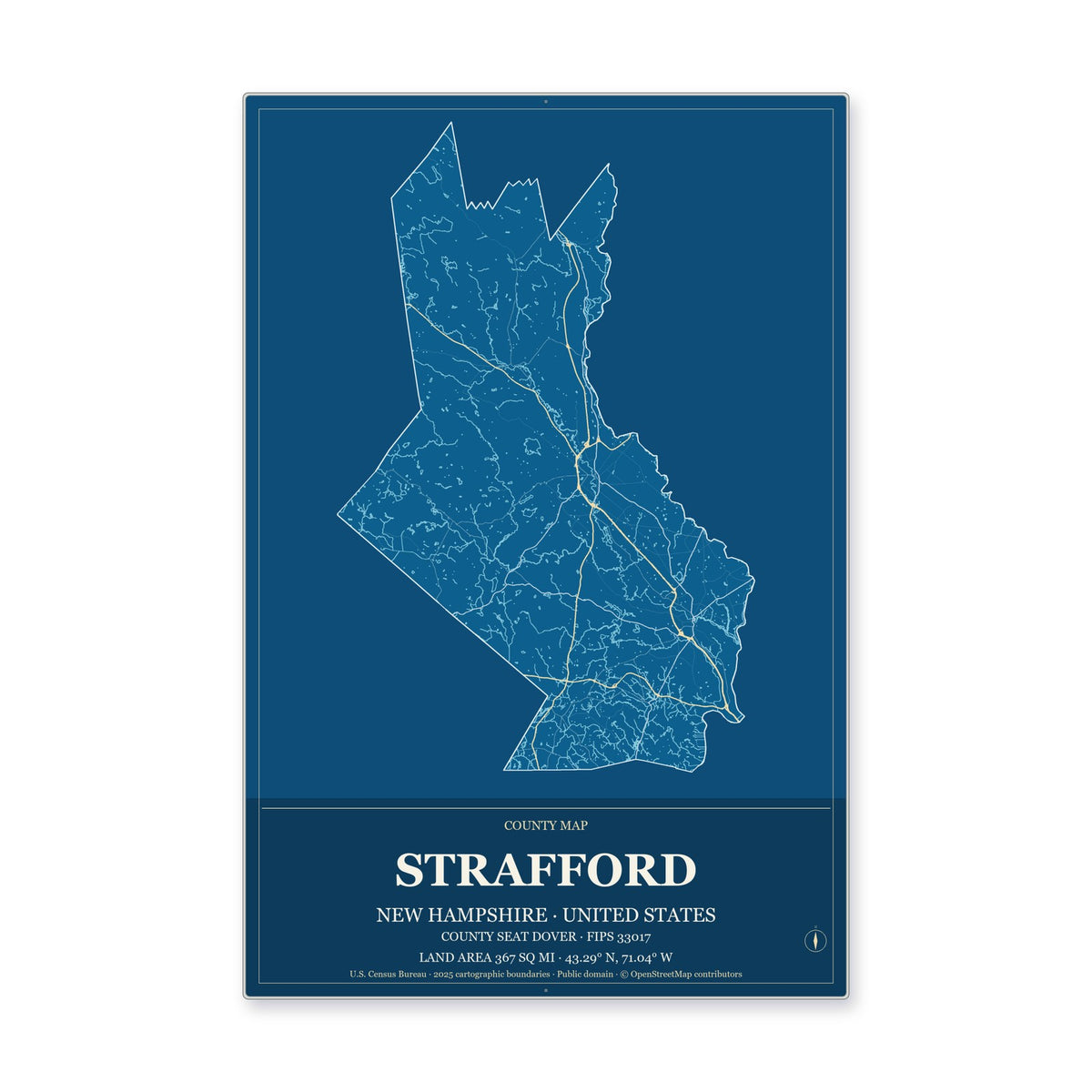 Strafford County, New Hampshire Map Aluminum Sign in Harbor Cobalt style