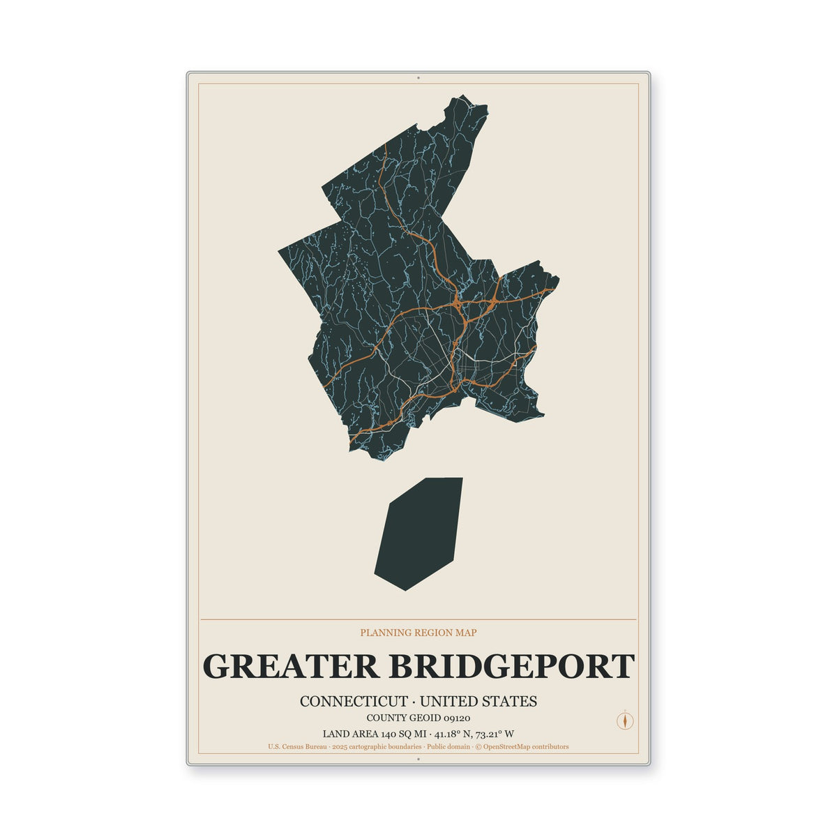 Greater Bridgeport Planning Region, Connecticut Map Aluminum Sign in Headline Atlas style