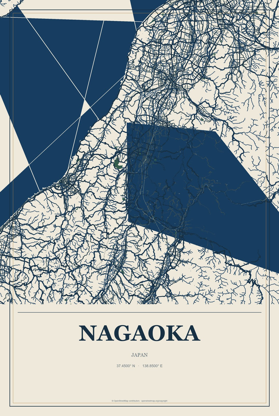 Nagaoka, Japan City Map Aluminum Sign in Coastal Cutout style