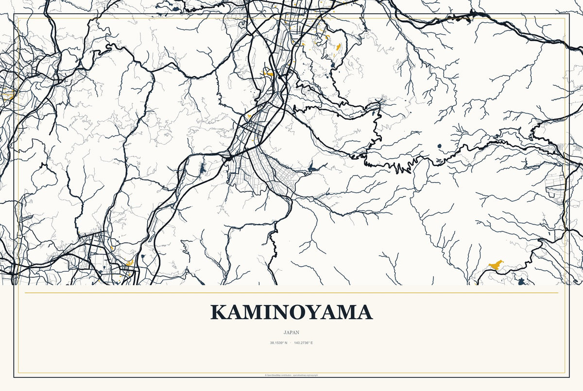 Kaminoyama, Japan City Map Aluminum Sign in Citrine Modern style