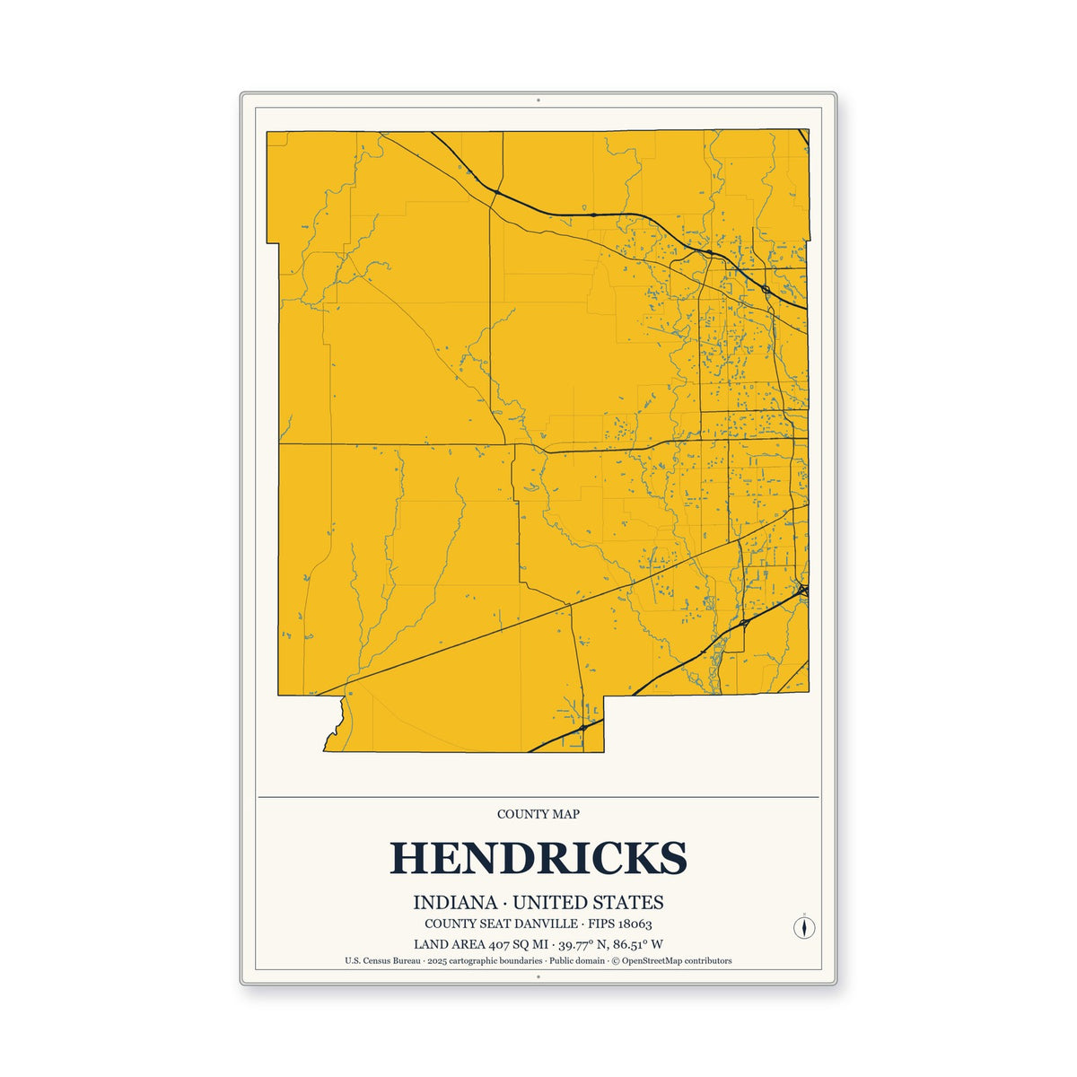 Hendricks County, Indiana Map Aluminum Sign in Citrine Modern style