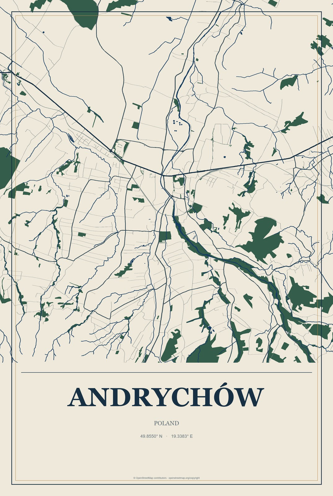 Andrychów, Poland City Map Aluminum Sign in Coastal Cutout style