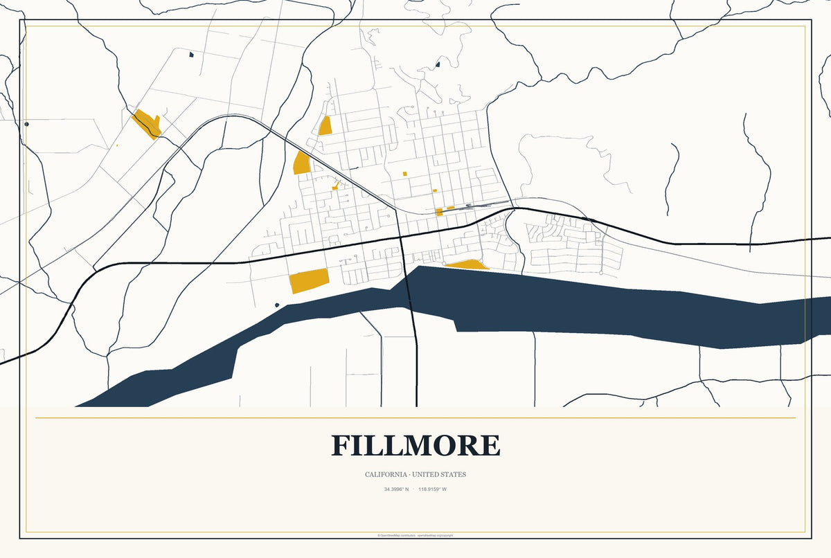 Fillmore, California City Map Aluminum Sign in Citrine Modern style