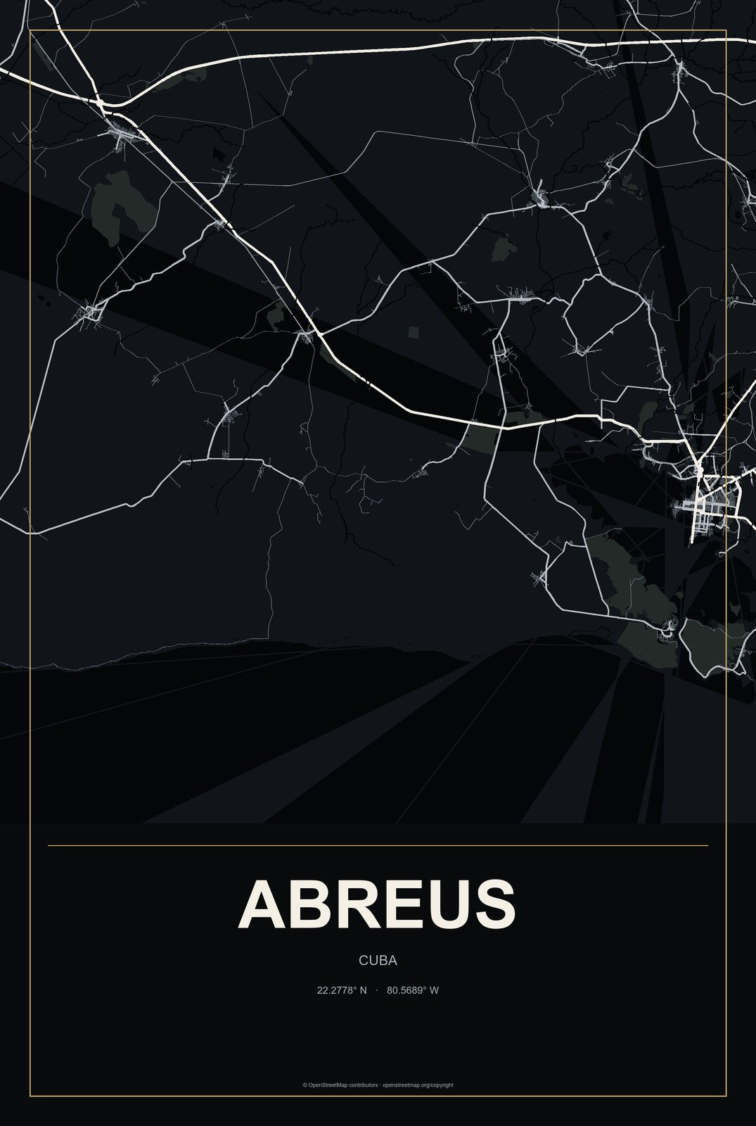 Abreus, Cuba City Map Aluminum Sign in Metropolitan Noir style