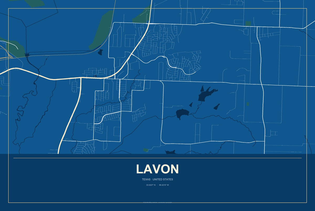 Lavon, Texas City Map Aluminum Sign in Harbor Cobalt style