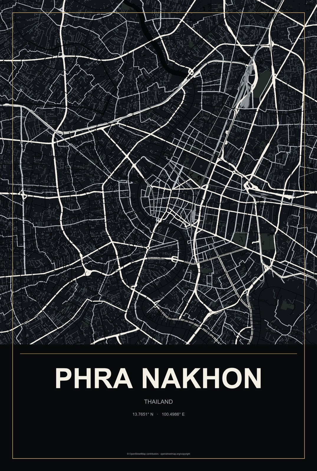 Phra Nakhon, Thailand City Map Aluminum Sign in Metropolitan Noir style