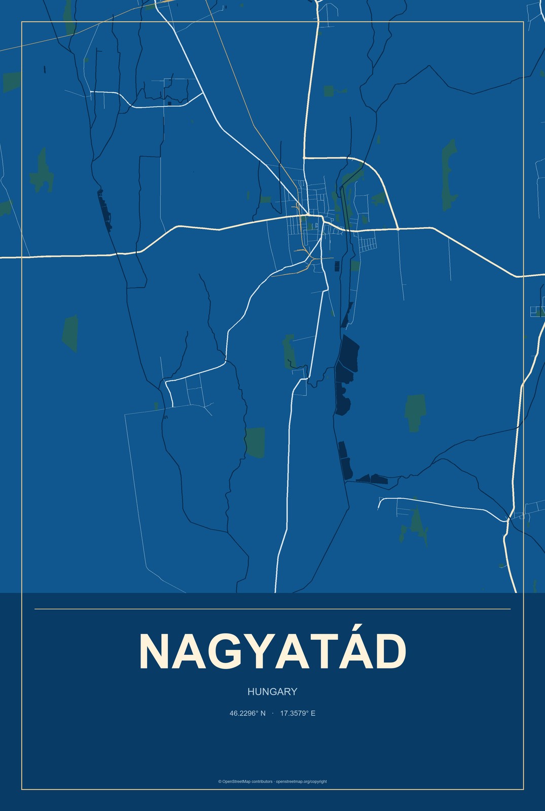 Nagyatád, Hungary City Map Aluminum Sign in Harbor Cobalt style