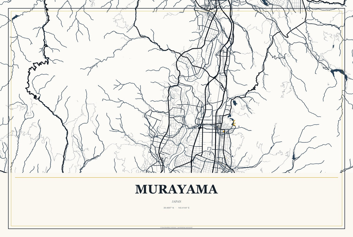 Murayama, Japan City Map Aluminum Sign in Citrine Modern style