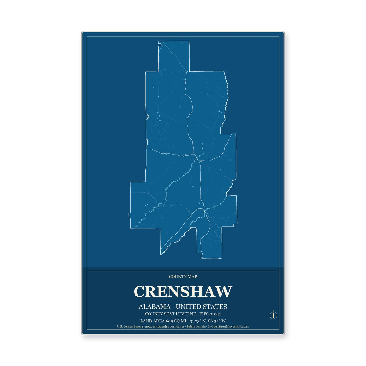 Crenshaw County, Alabama Map Aluminum Sign in Harbor Cobalt style