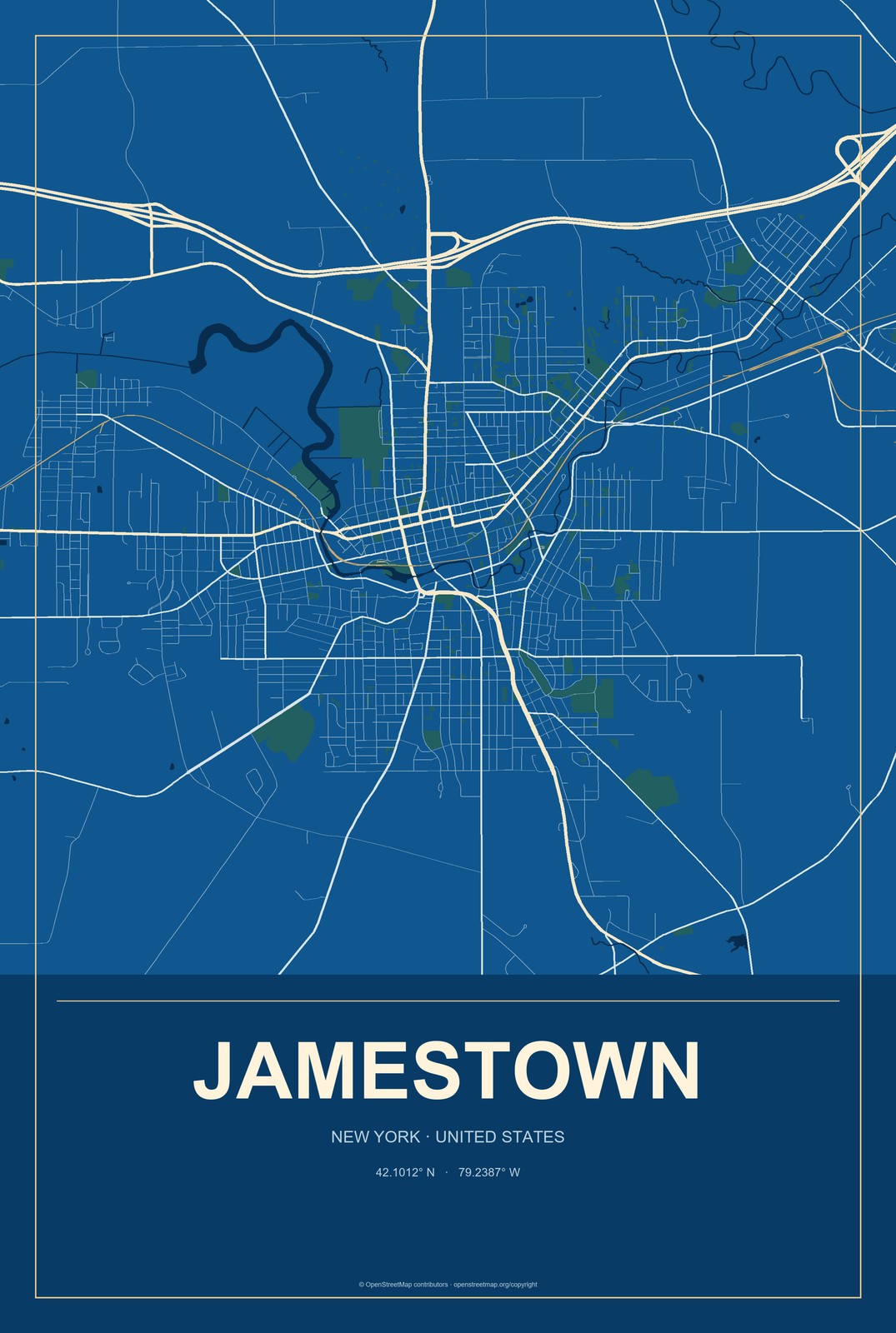 Jamestown, New York City Map Aluminum Sign in Harbor Cobalt style