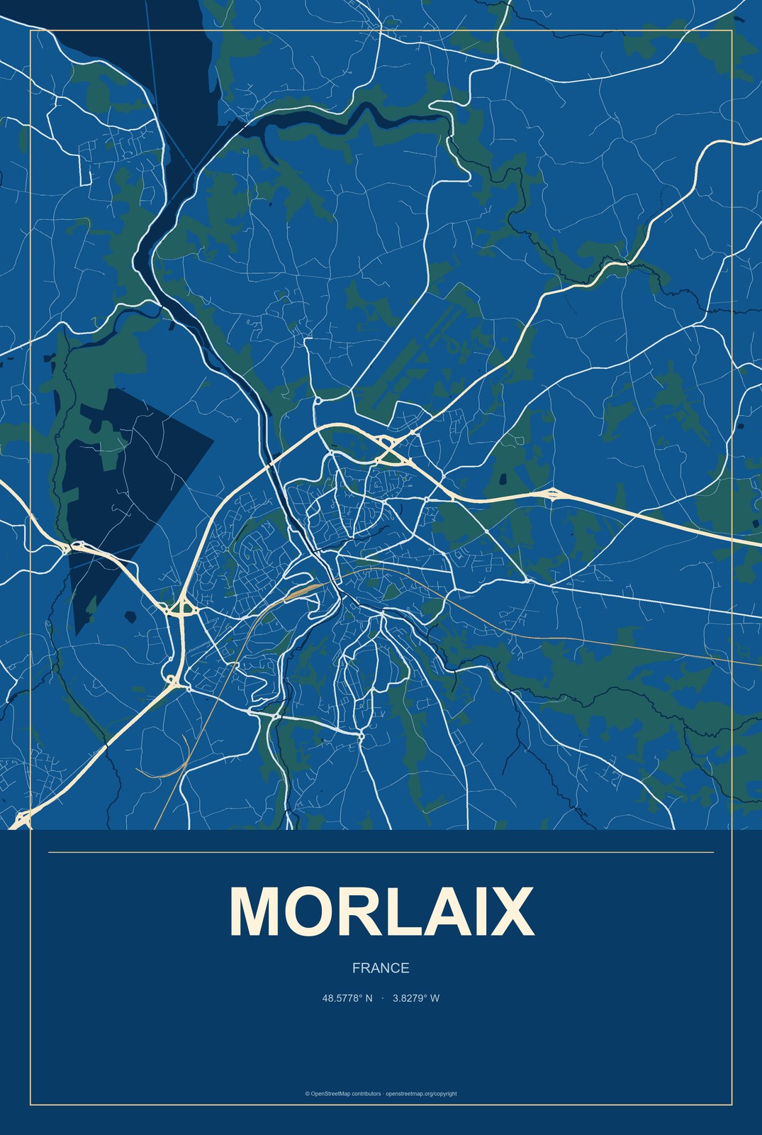 Morlaix, France City Map Aluminum Sign in Harbor Cobalt style