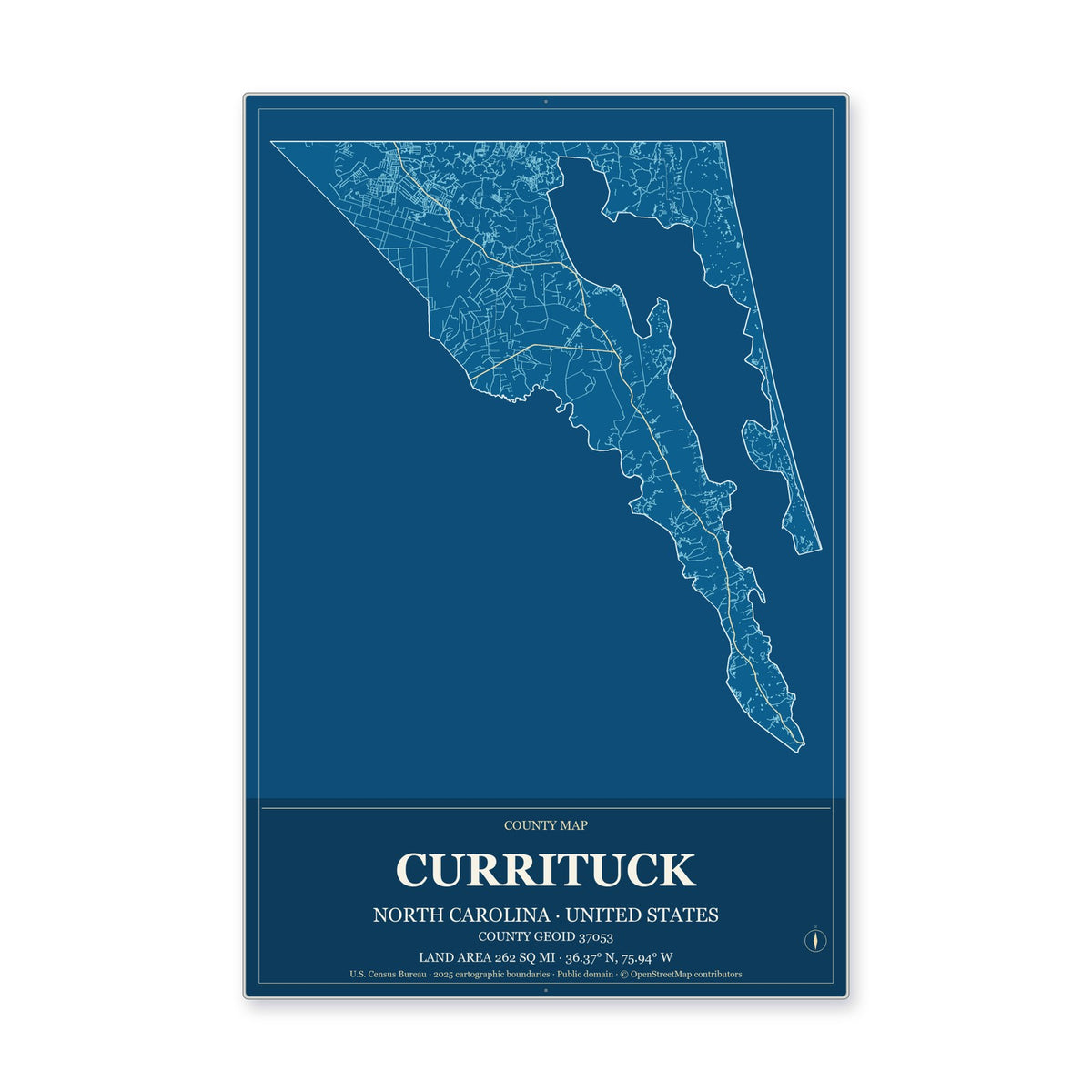 Currituck County, North Carolina Map Aluminum Sign in Harbor Cobalt style