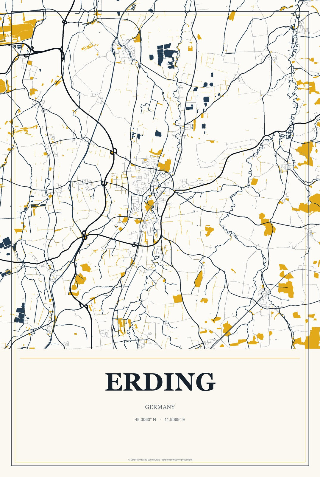 Erding, Germany City Map Aluminum Sign in Citrine Modern style