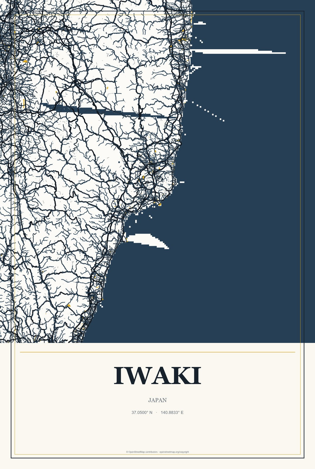 Iwaki, Japan City Map Aluminum Sign in Citrine Modern style