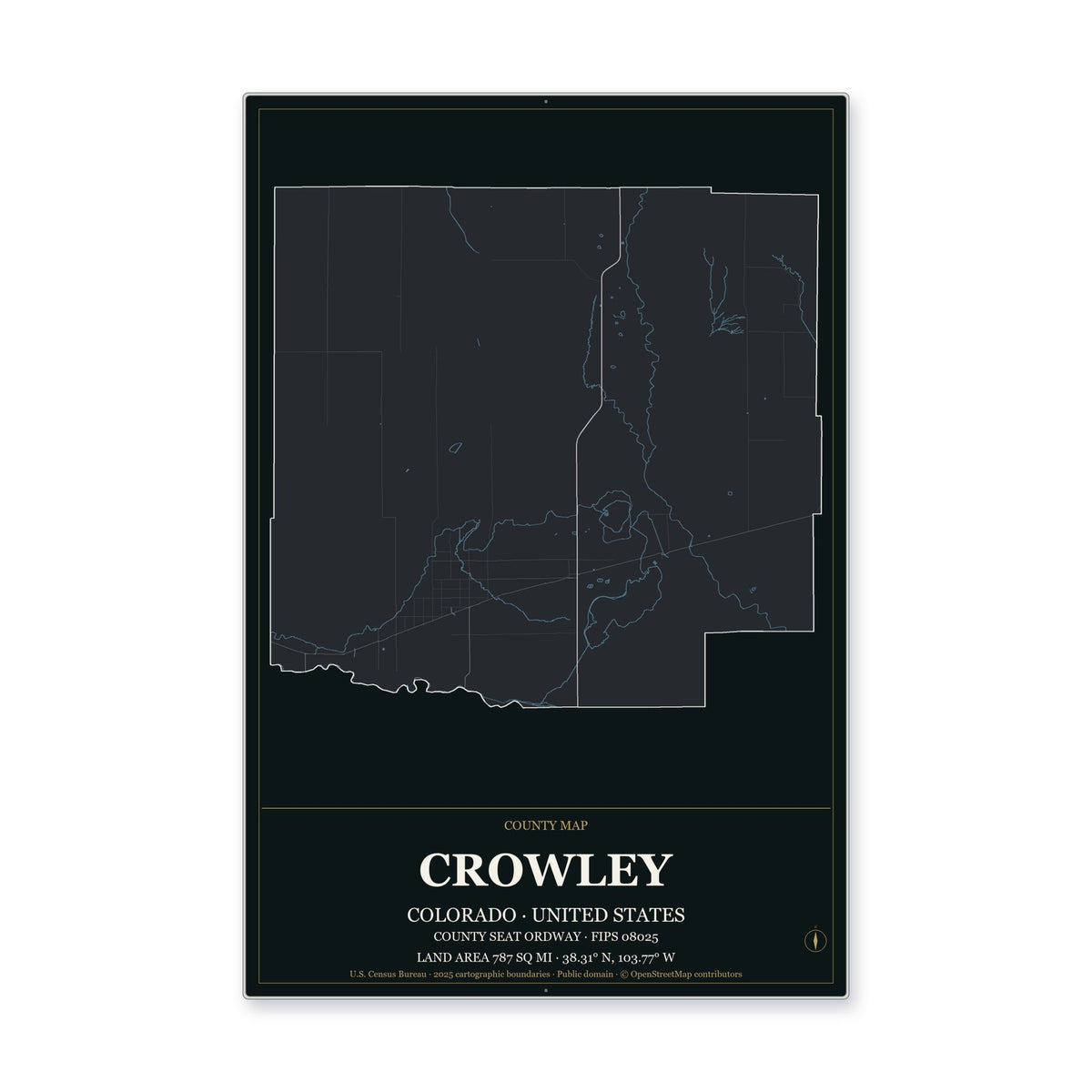 Crowley County, Colorado Map Aluminum Sign in Metropolitan Noir style
