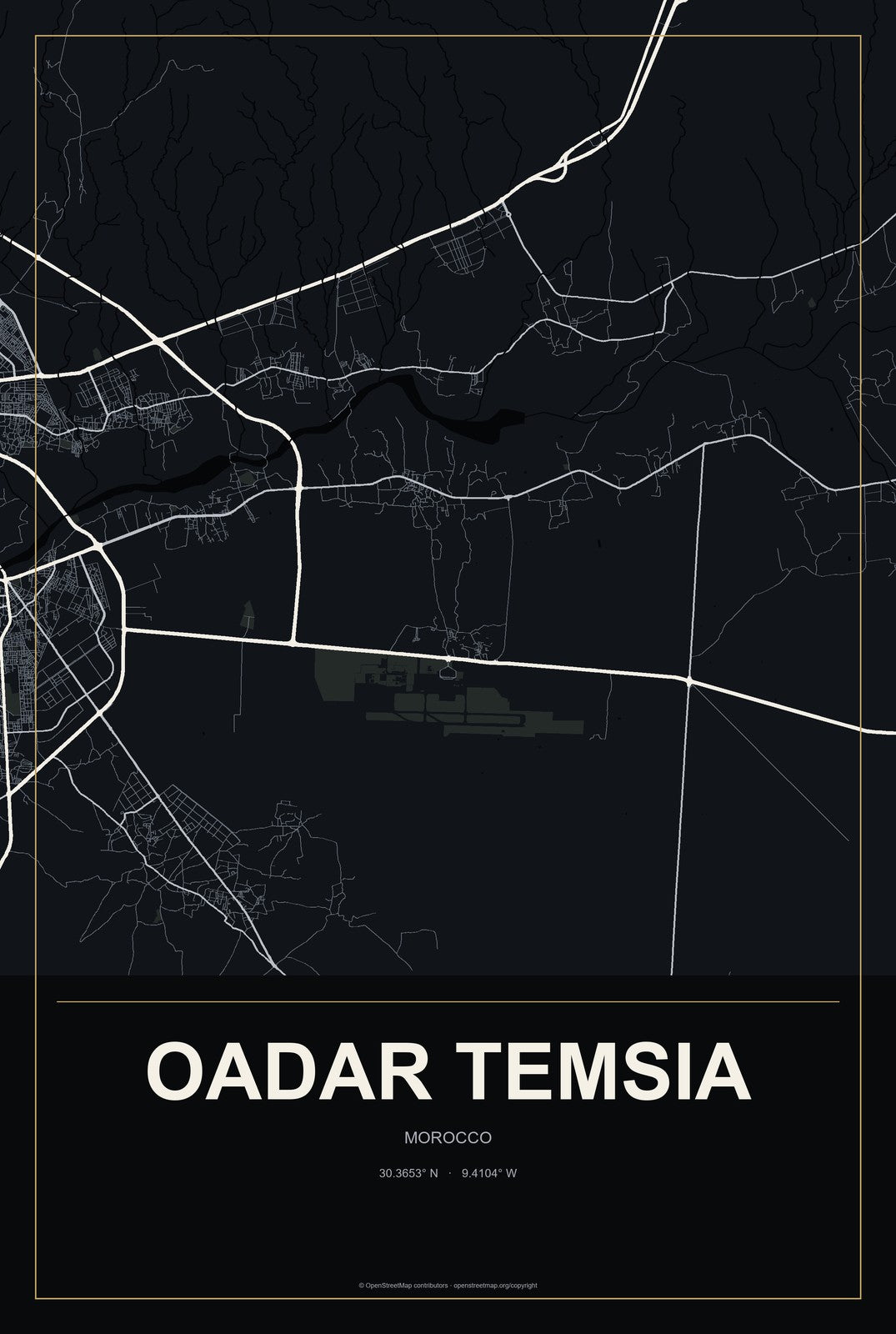 Oadar Temsia, Morocco City Map Aluminum Sign in Metropolitan Noir style
