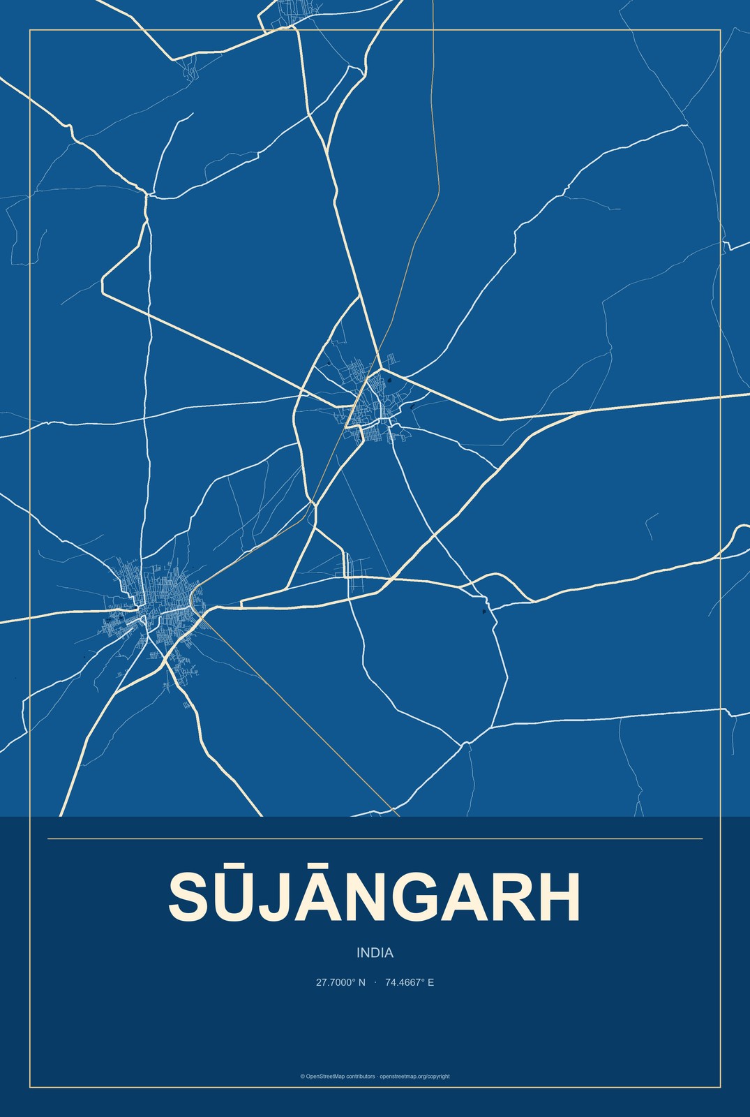 Sūjāngarh, India City Map Aluminum Sign in Harbor Cobalt style