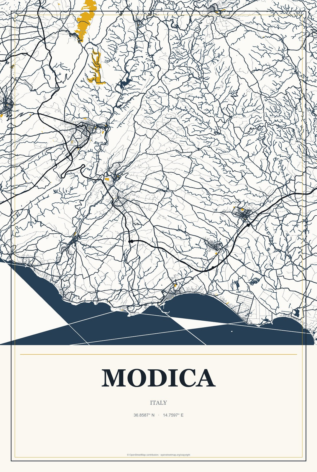 Modica, Italy City Map Aluminum Sign in Citrine Modern style