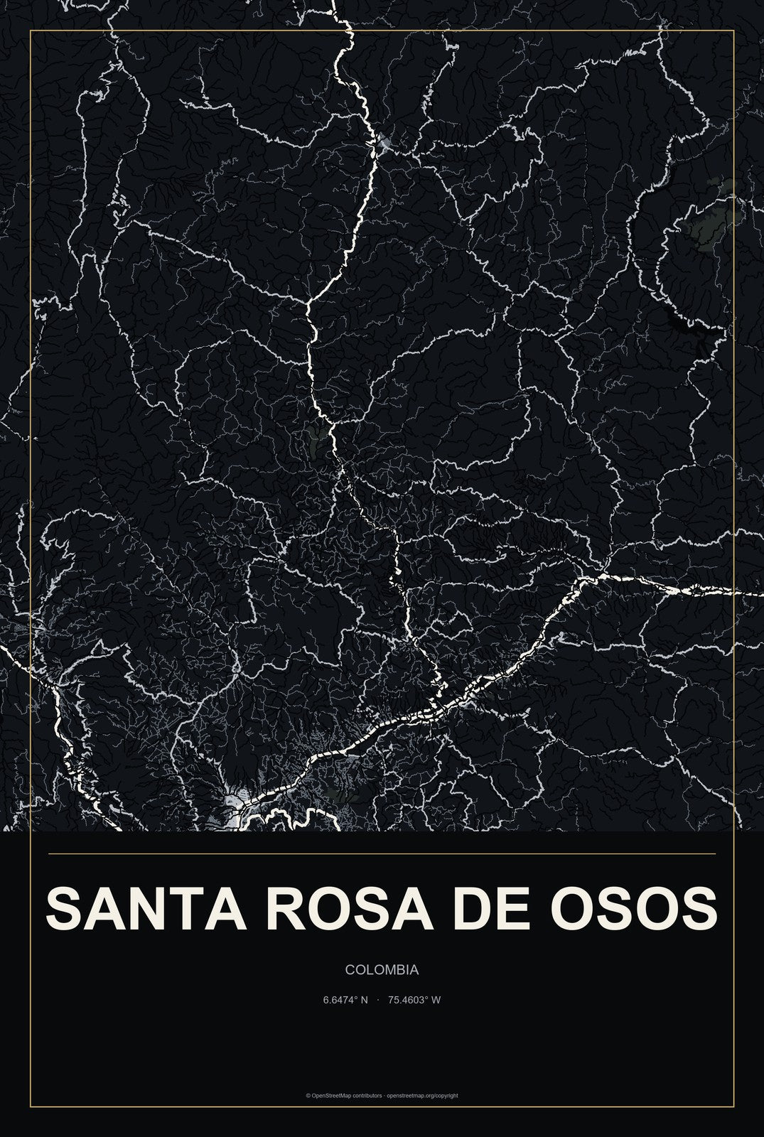 Santa Rosa de Osos, Colombia City Map Aluminum Sign in Metropolitan Noir style