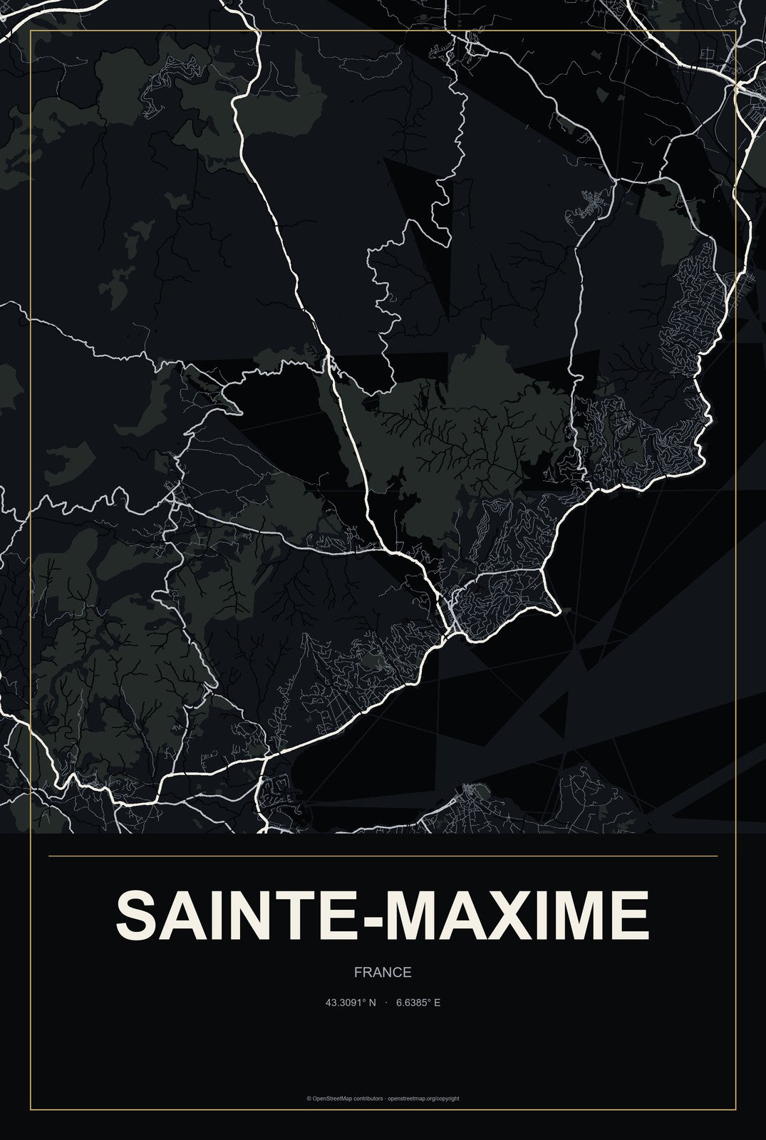 Sainte-Maxime, France City Map Aluminum Sign in Metropolitan Noir style
