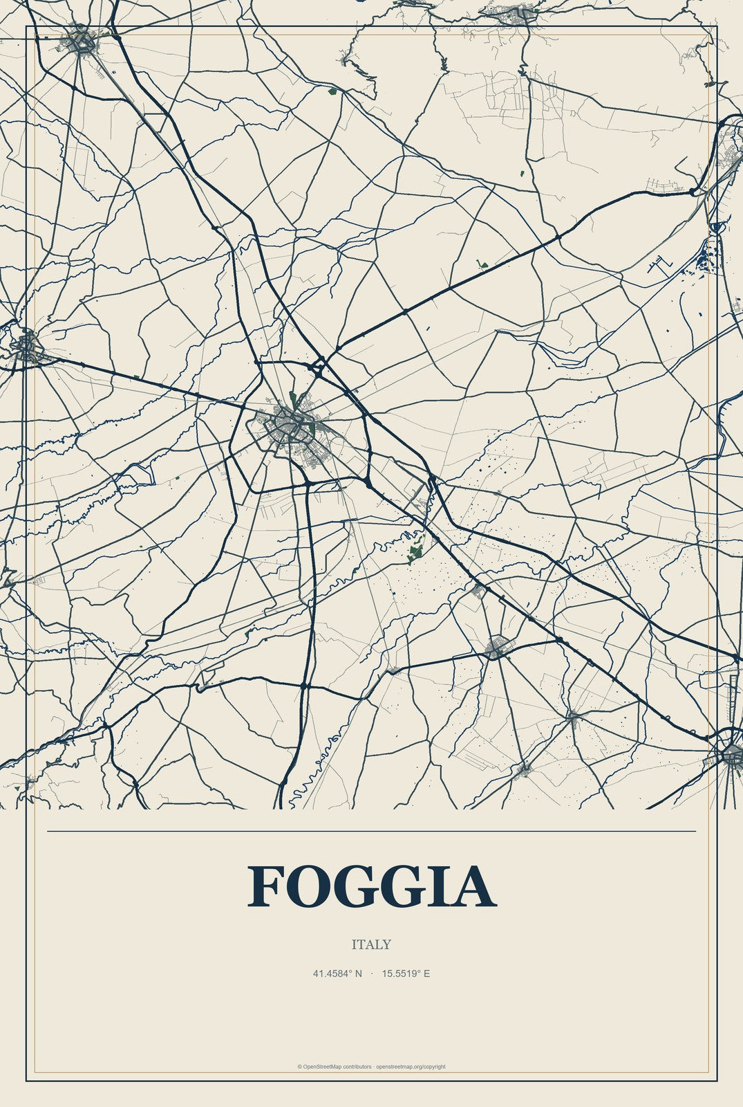Foggia, Italy City Map Aluminum Sign in Coastal Cutout style