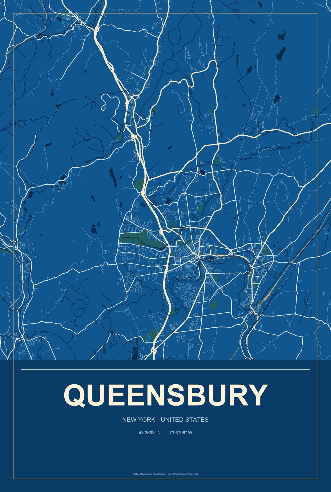 Queensbury, New York City Map Aluminum Sign in Harbor Cobalt style
