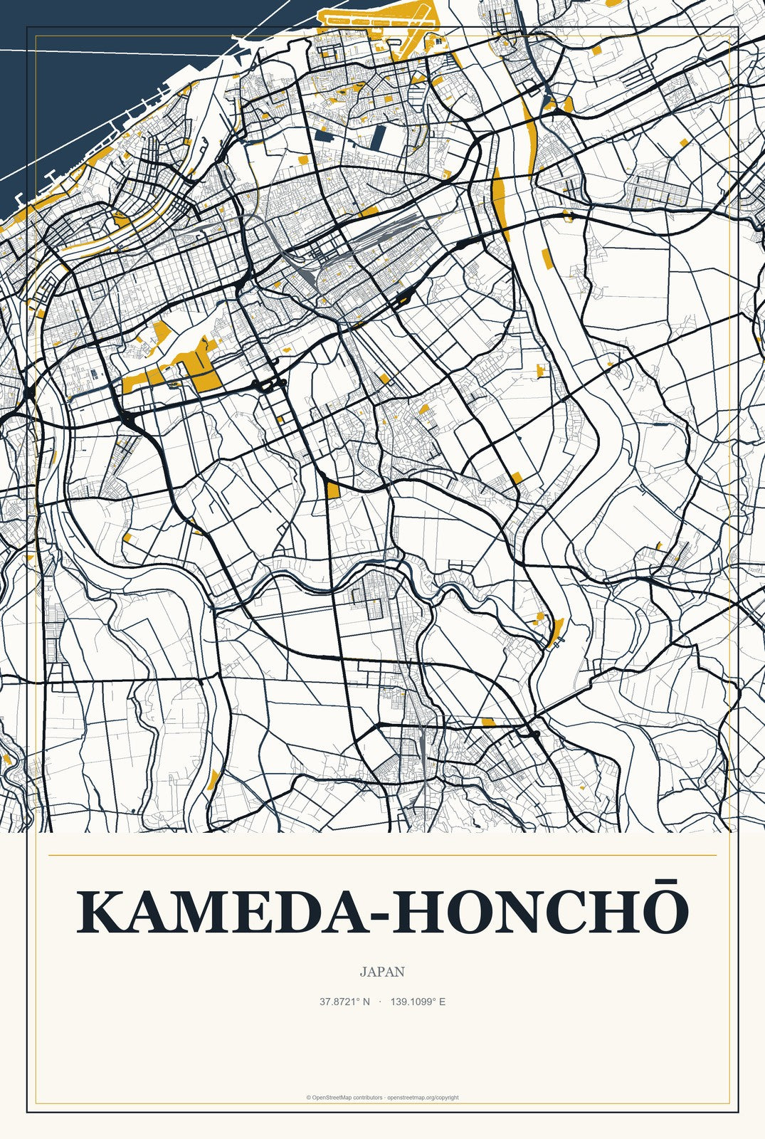 Kameda-honchō, Japan City Map Aluminum Sign in Citrine Modern style