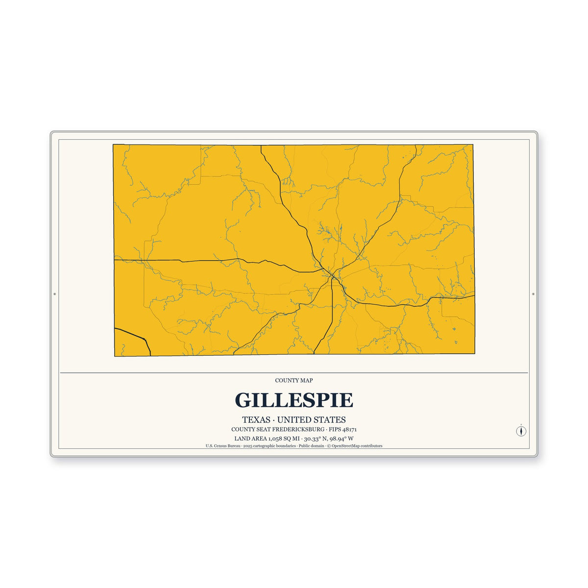 Gillespie County, Texas Map Aluminum Sign in Citrine Modern style