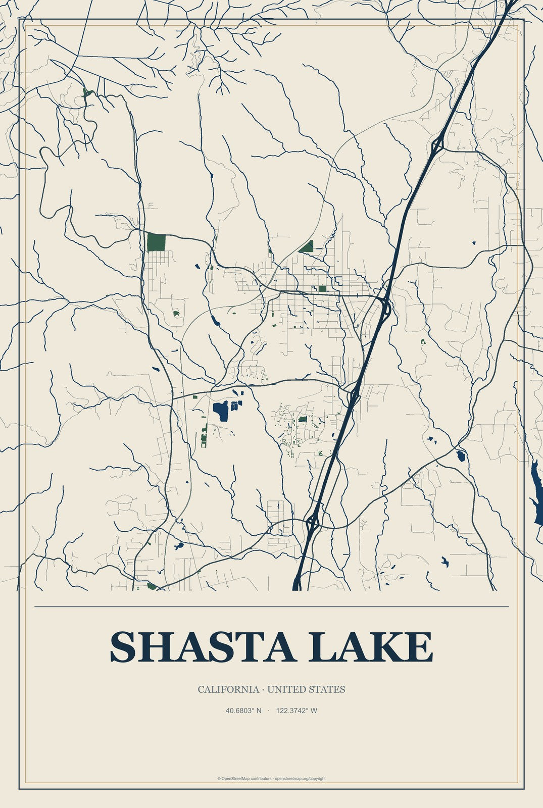 Shasta Lake, California City Map Aluminum Sign in Coastal Cutout style