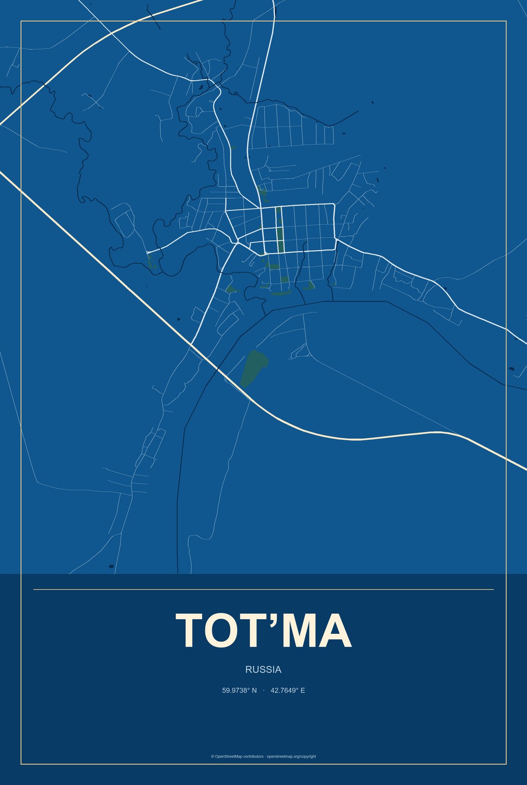 Tot’ma, Russia City Map Aluminum Sign in Harbor Cobalt style