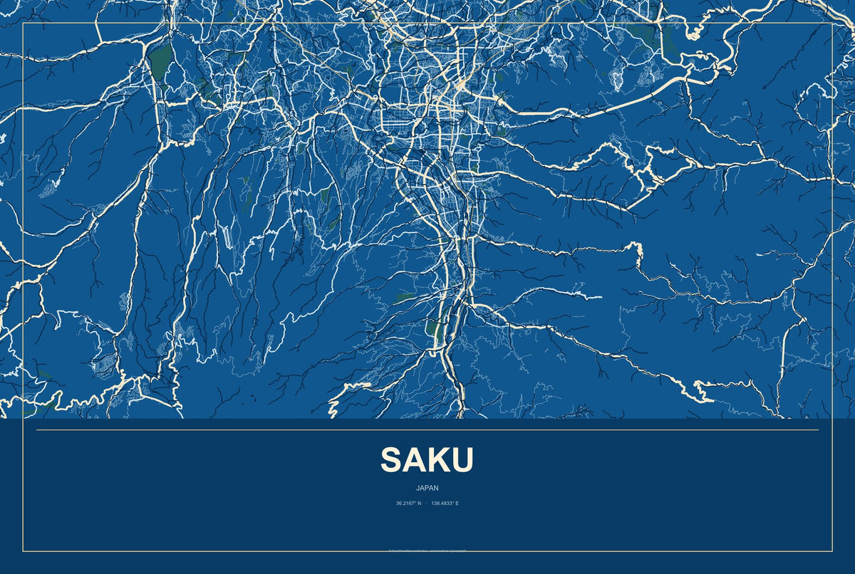 Saku, Japan City Map Aluminum Sign in Harbor Cobalt style