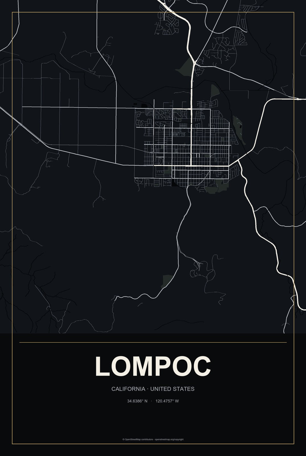 Lompoc, California City Map Aluminum Sign in Metropolitan Noir style