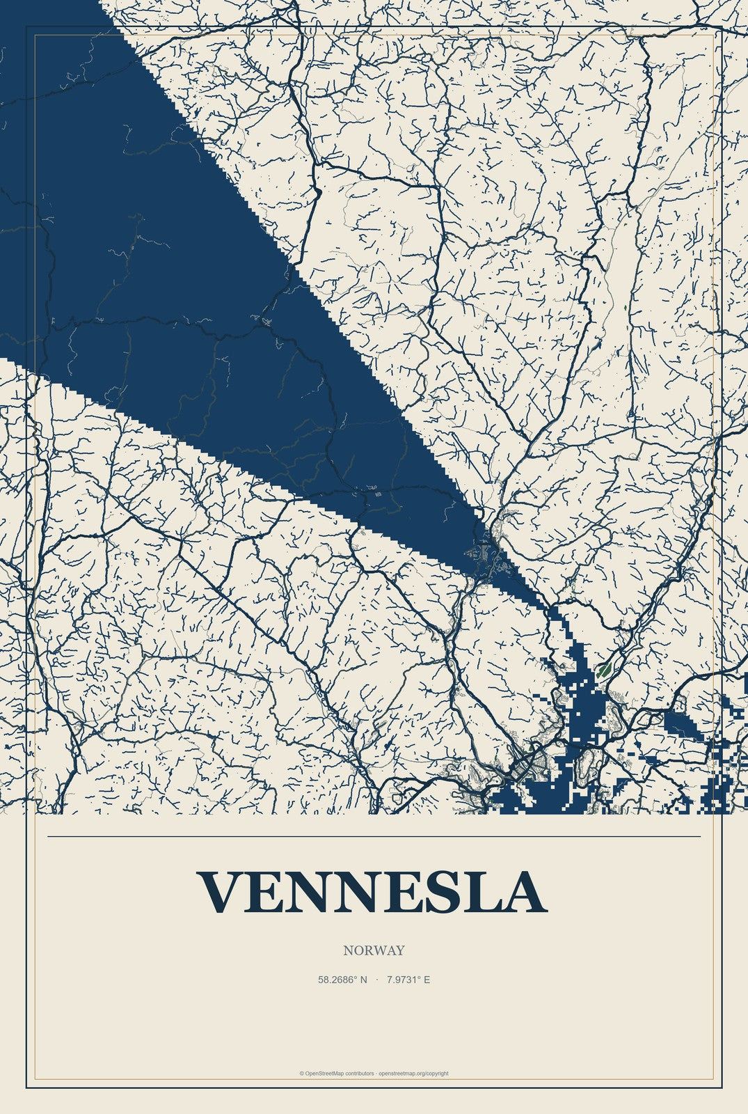Vennesla, Norway City Map Aluminum Sign in Coastal Cutout style