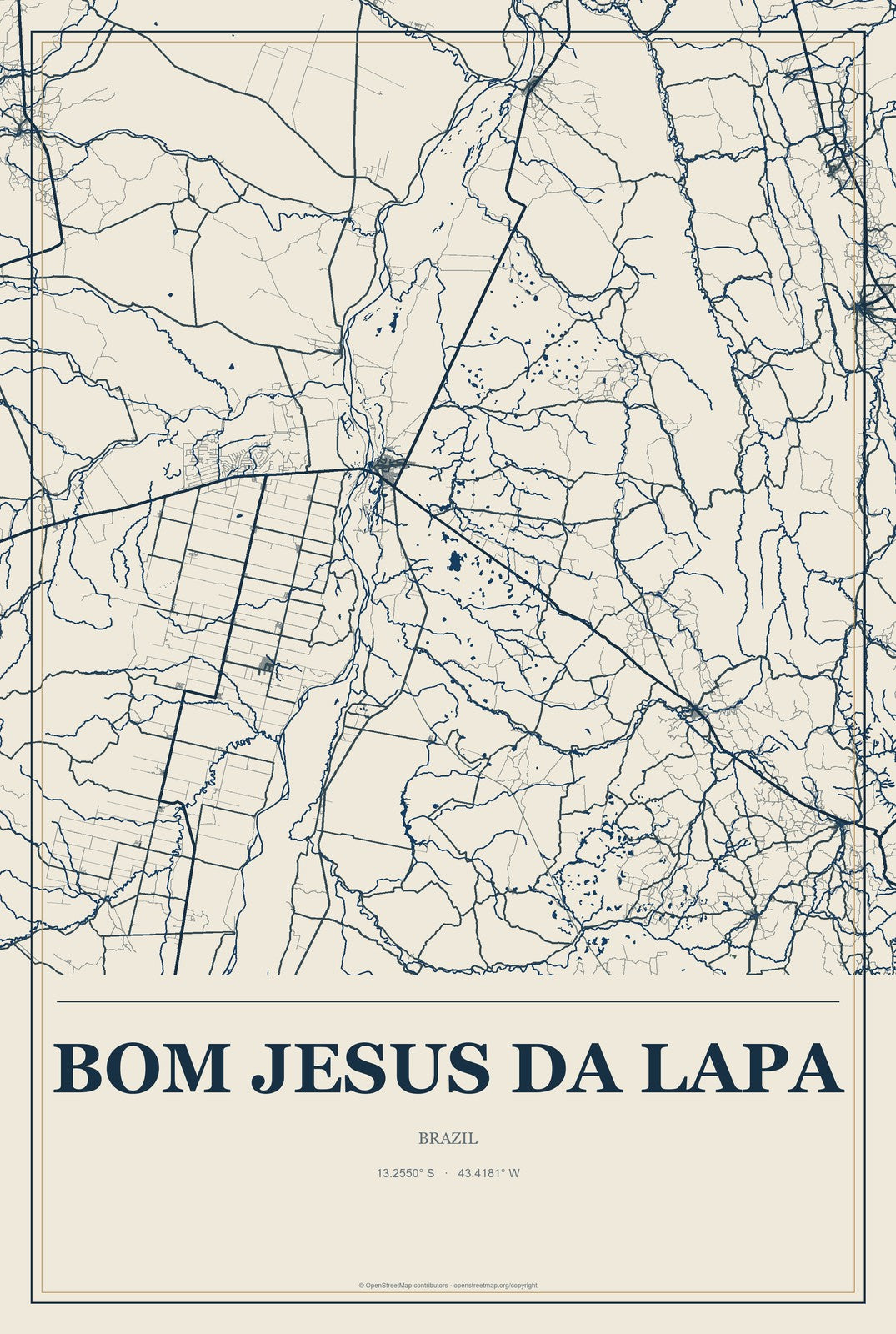 Bom Jesus da Lapa, Brazil City Map Aluminum Sign in Coastal Cutout style