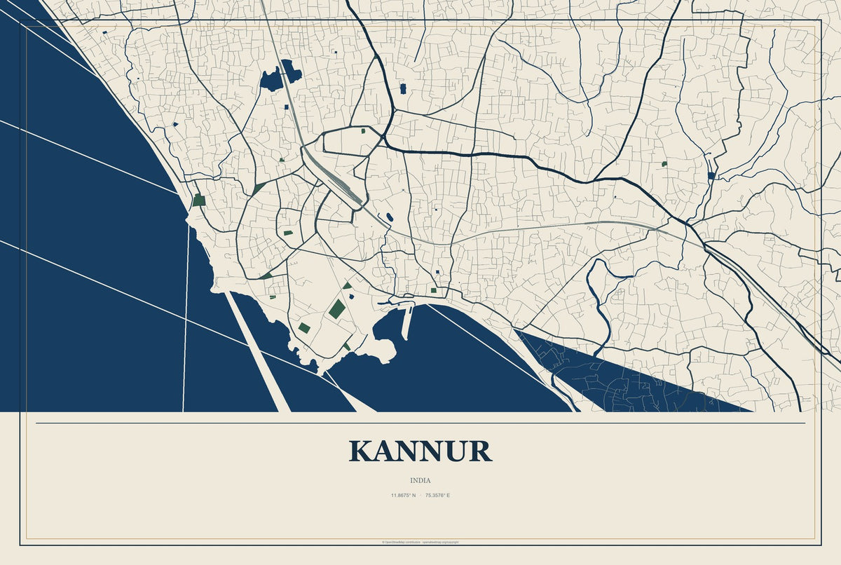 Kannur, India City Map Aluminum Sign in Coastal Cutout style