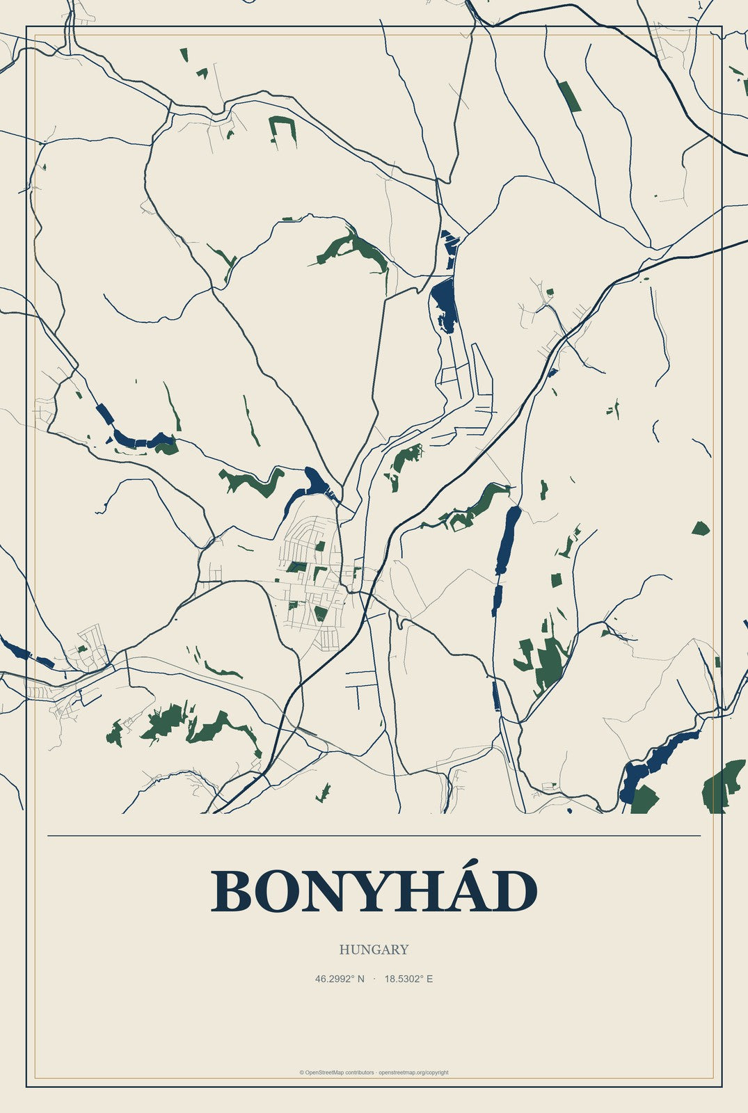 Bonyhád, Hungary City Map Aluminum Sign in Coastal Cutout style