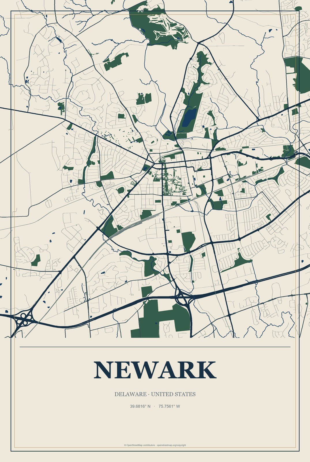 Newark, Delaware City Map Aluminum Sign in Coastal Cutout style