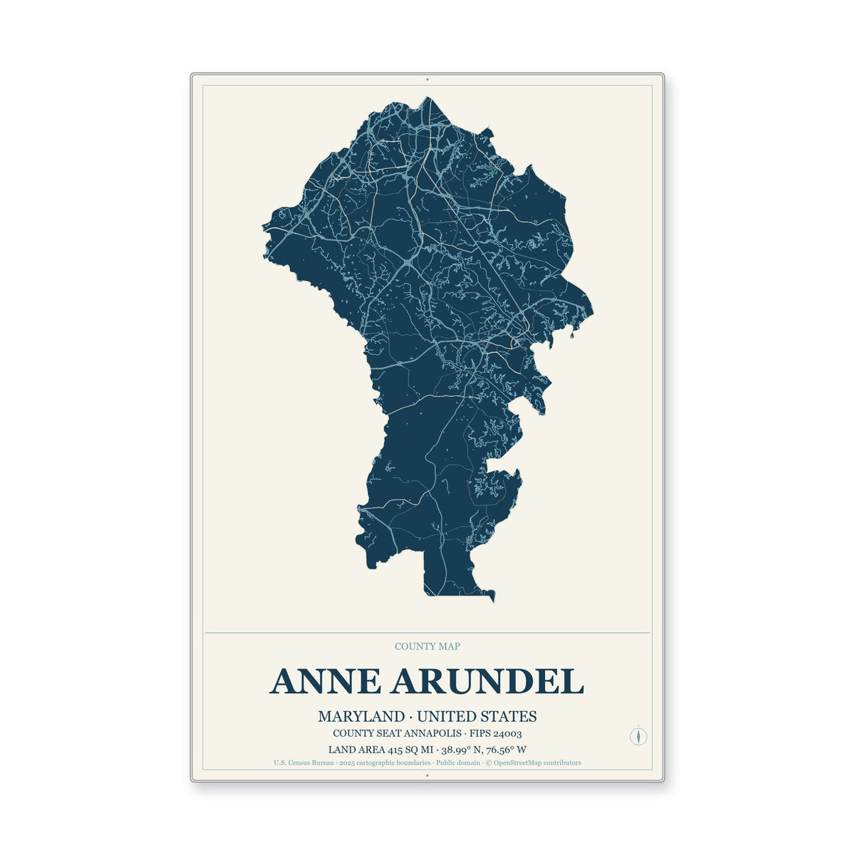 Anne Arundel County, Maryland Map Aluminum Sign in Coastal Cutout style