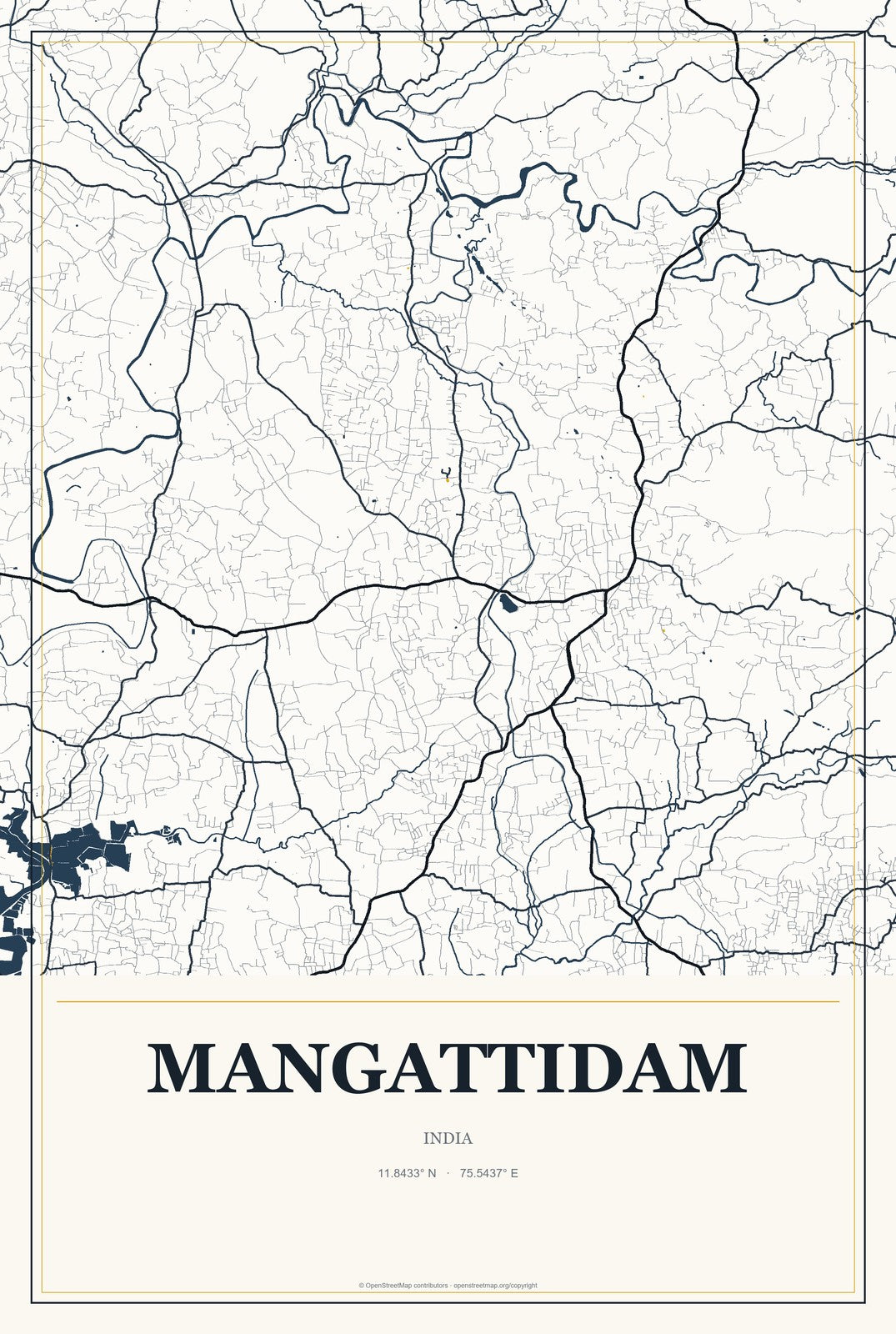 Mangattidam, India City Map Aluminum Sign in Citrine Modern style