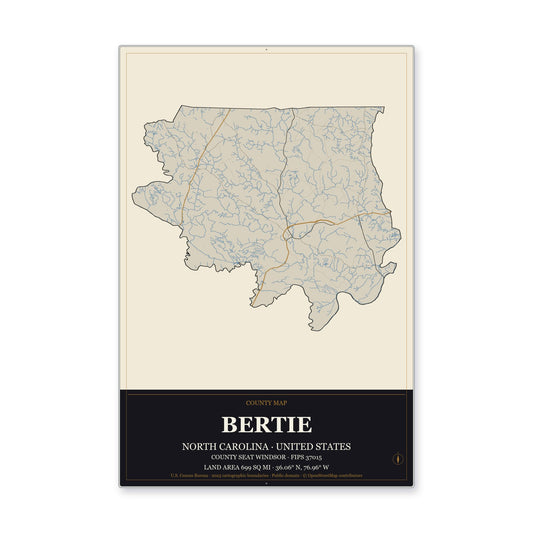 Bertie County, North Carolina Map Aluminum Sign in Museum Plaque style