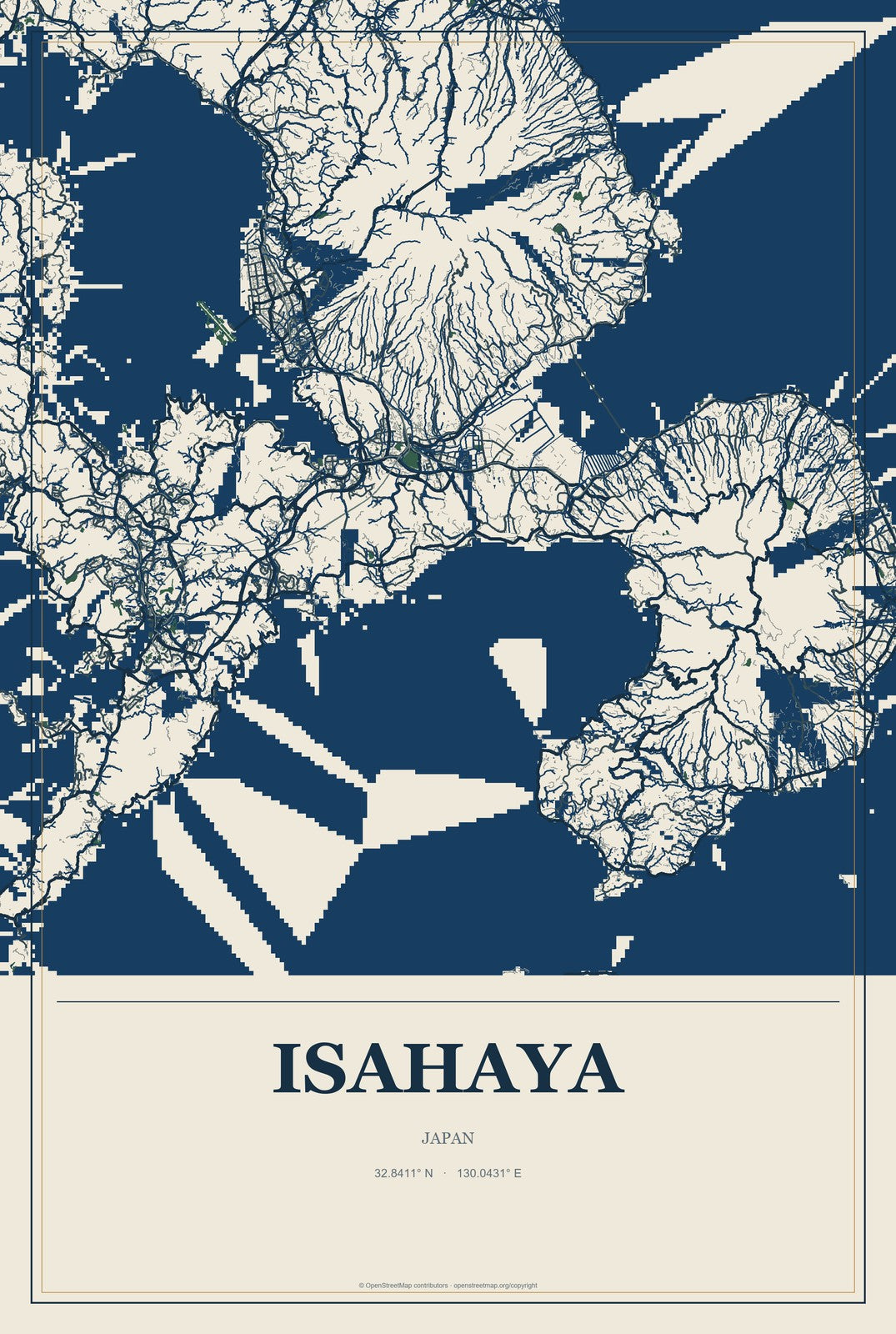Isahaya, Japan City Map Aluminum Sign in Coastal Cutout style
