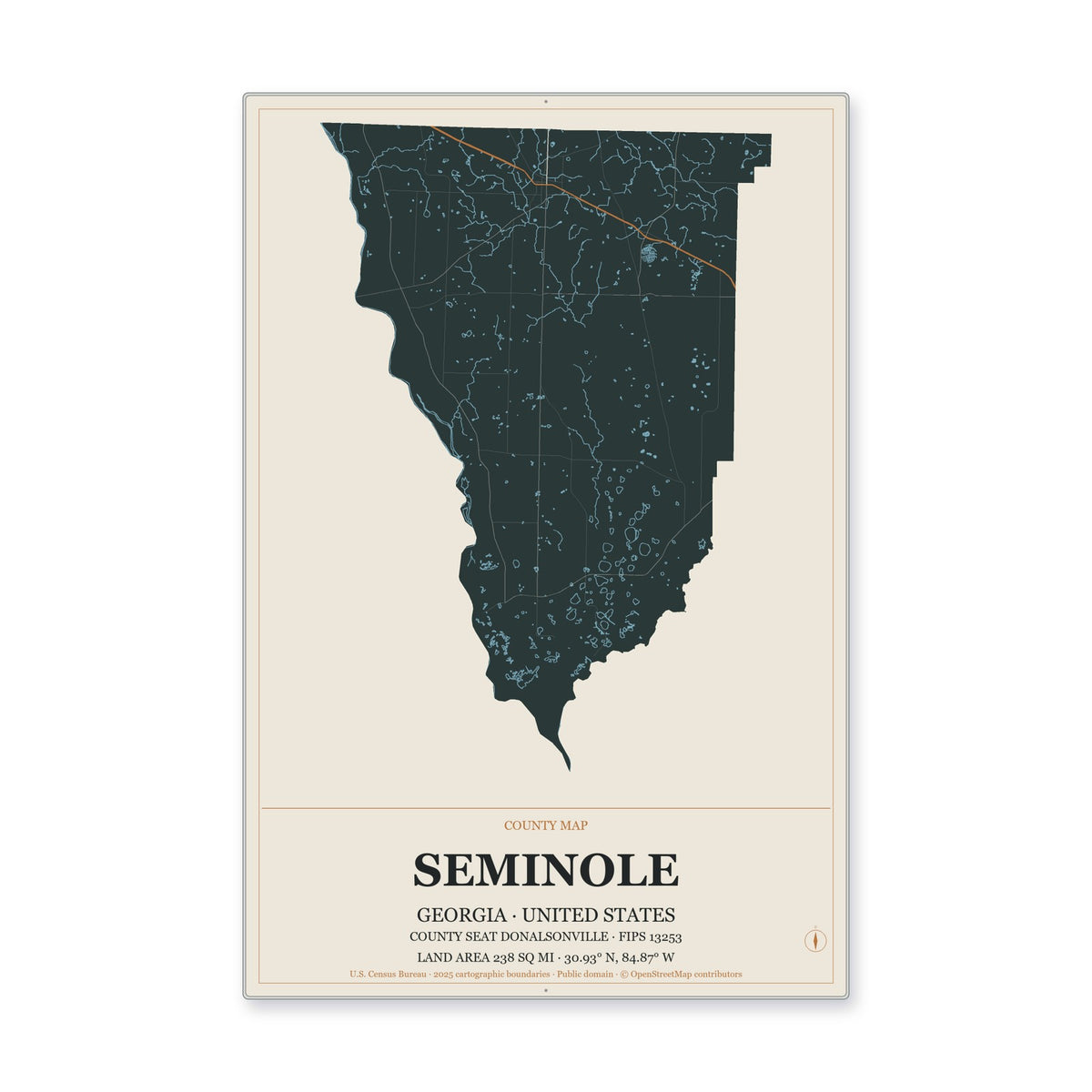 Seminole County, Georgia Map Aluminum Sign in Headline Atlas style