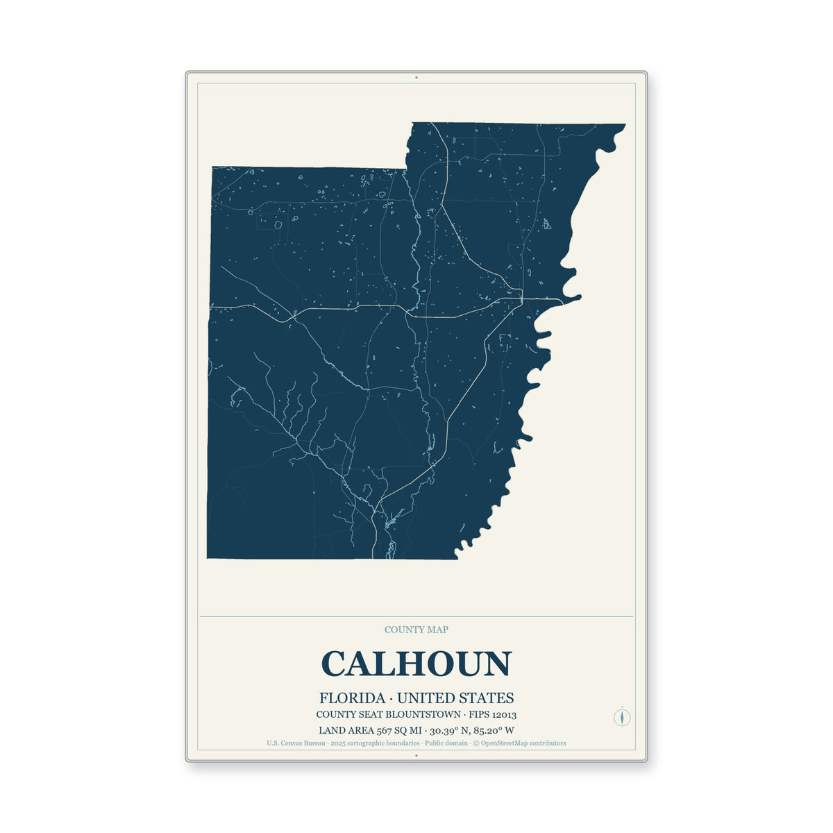 Calhoun County, Florida Map Aluminum Sign in Coastal Cutout style