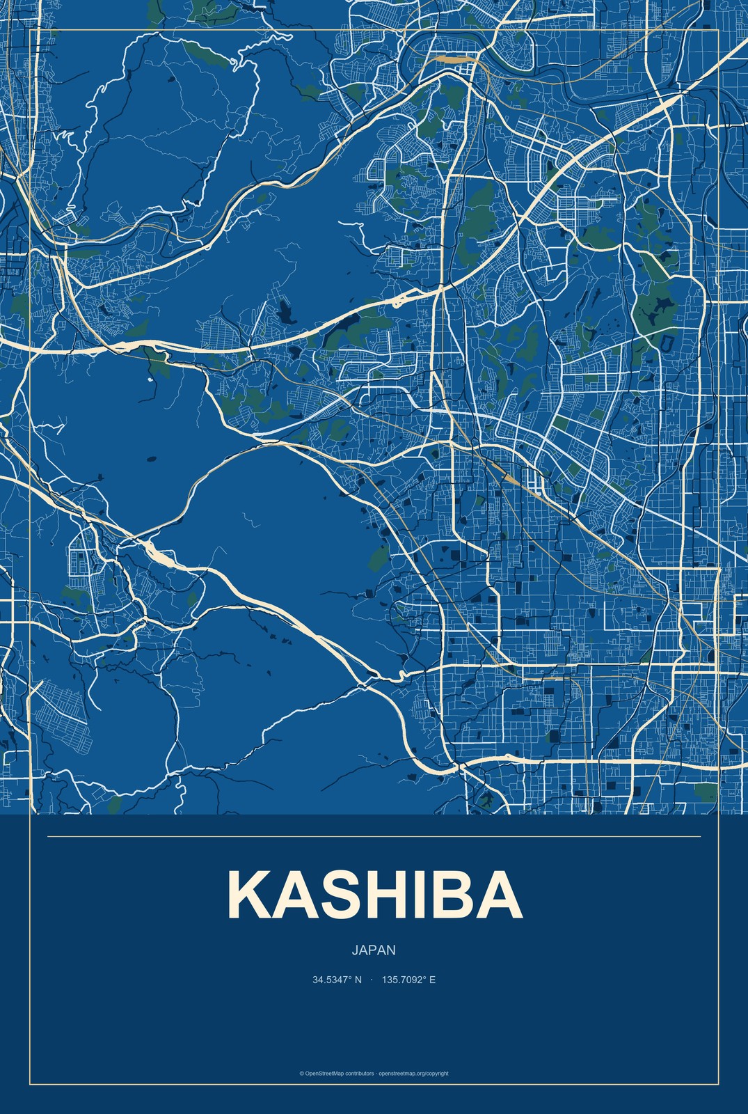 Kashiba, Japan City Map Aluminum Sign in Harbor Cobalt style