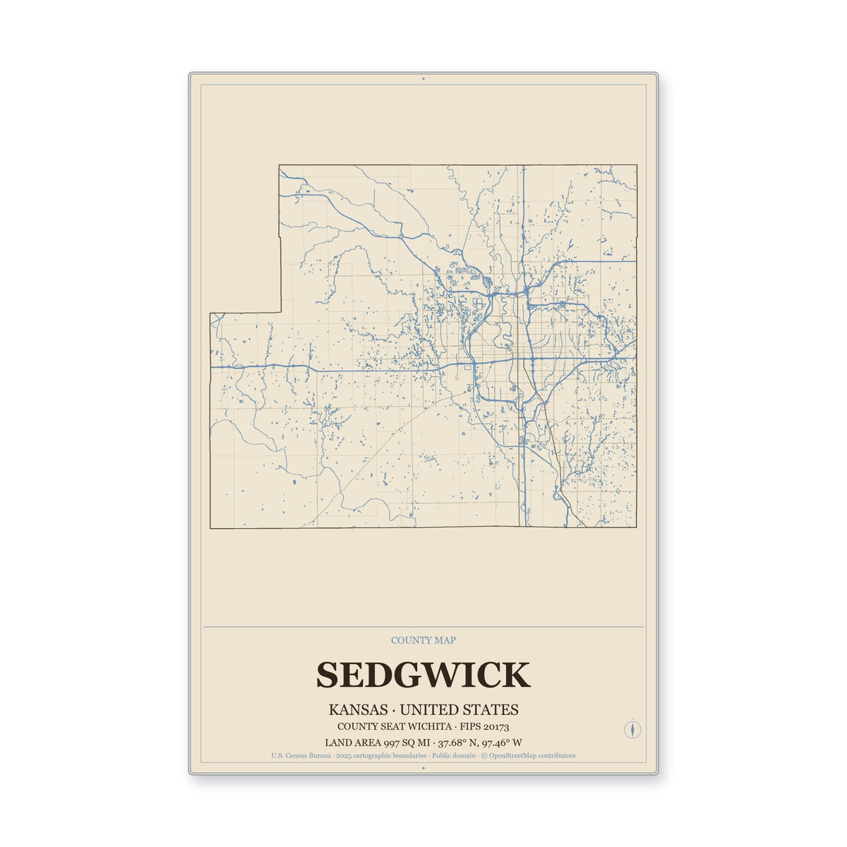 Sedgwick County, Kansas Map Aluminum Sign in Heritage Nautical style