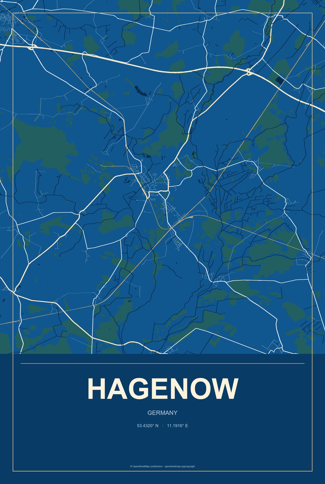 Hagenow, Germany City Map Aluminum Sign in Harbor Cobalt style