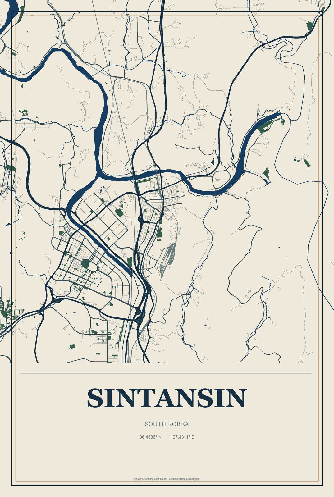 Sintansin, South Korea City Map Aluminum Sign in Coastal Cutout style