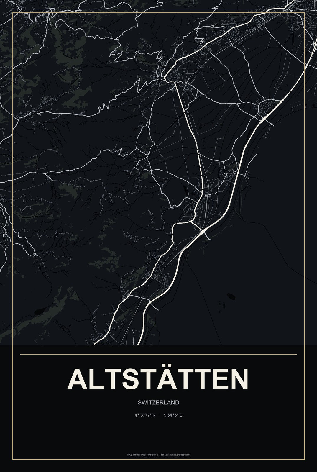 Altstätten, Switzerland City Map Aluminum Sign in Metropolitan Noir style