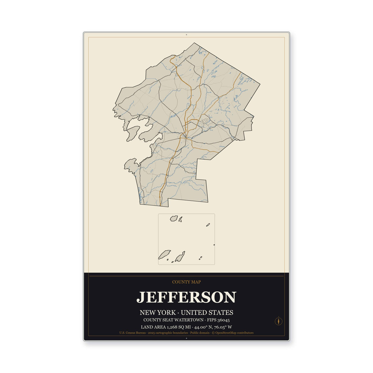 Jefferson County, New York Map Aluminum Sign in Museum Plaque style