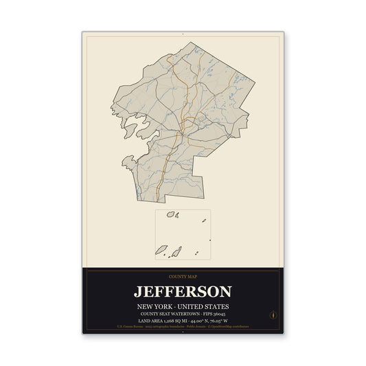 Jefferson County, New York Map Aluminum Sign in Museum Plaque style